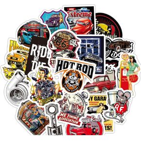 50 قطعة من ملصقات الكمبيوتر المحمول Hot Rod Classic Car Theme ملصقات مقاومة للماء من الفينيل لسجل القصاصات ملصقات السيارات والدراجات النارية والأمتعة (Hot Rod Classic Car)