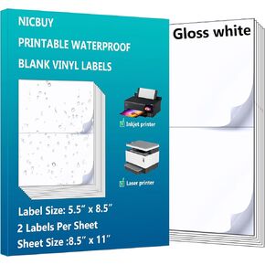 Printable Glossy White Shipping Labels – 8.5" x 5.5" – Waterproof Vinyl Sticker Labels 40 Labels for Inkjet or Laser Printer