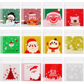 300 Pcs Christmas Cellophane Bags Xmas Candy Bags Holiday Cookie Treat Bags Self Adhesive Clear Plastic Bags for Christmas Party Favor Gift Supplies, 12 Designs