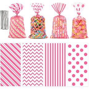 Ohuimrt 100 PCS Pink Cellophane Treat Bags, Clear Goodie Bags Party Favor Bags Plastic Gift Bags with Ties for Candies, Cookies, Snacks, Birthdays, Wedding