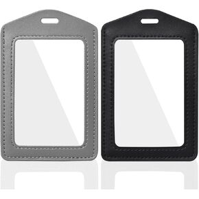 Vin Beauty 2 Pack Genuine Leather ID Badge Holders, Vertical ID Card Holders with Dual-Side Clear Window, Waterproof Name Badge Holde Suit for Office, Staff, Students, Employees(Black&Black)