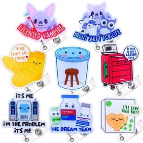 8PC Funny Cute Nurse Badge Reel Holder ID Retractable Clip for Nurses Nursing RN MA CNA Medical Stool Sample Dream Team I’m The Problem Night Shift Quiet Fall for Me Save Your Butt Licensed Vampire
