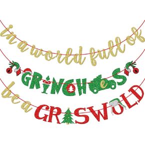 Christmas Banner, Christmas Vacation Banner, Pre-strung Christmas Party Decorations, Gold, Red and Green Glitter