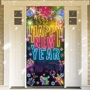 HOWAF Happy New Year Door Banner 2025, Fluorescent Color New Year Eve Door Cover Party Decorations NYE Colorful Door Decoration for New Year Holiday Indoor Outdoor New Years Party Supplies