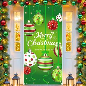 Christmas Door Cover Decorations Green Merry Christmas Door Banner Christmas Tree Ornament Ball Hanging Wall Banner Sign Photo Booth Prop for Christmas New Year Winter Holiday Indoor Outdoor Supplies