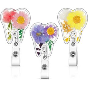 3 Pcs Flower Badge Reel Holders Nurses Day Gift Uterus Tooth Kidney Lung Shape Dried Flower Resin Reel Holders Doctor Retractable Badge Clip for Nurse Doctor(Gold Foil Tooth)