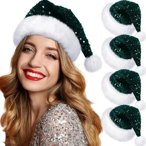 4 Pcs Christmas Hat Adult Sequin Santa Hat with Plush Brim Thicken Velvet Xmas Hats for Women Men Holiday Party
