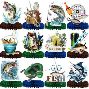 12Pcs Gone Fishing Party Decorations, Fishing Honeycomb Table Centerpieces, Fishing Birthday Party Decoration, Fishing Table Decor, Fish Party Decoration Supplies for Holiday Retirement Baby Shower
