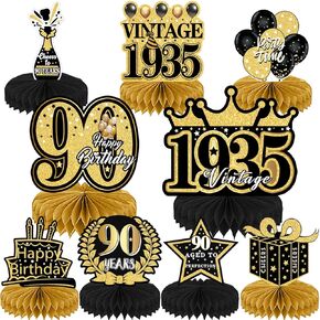 90th Birthday Decorations - 9PCS 90th Birthday Party Decorations for Men Women Black Gold 90th Birthday Party Decor Happy 90 Years Old Party Vintage Honeycomb Centerpiece Table Decoration