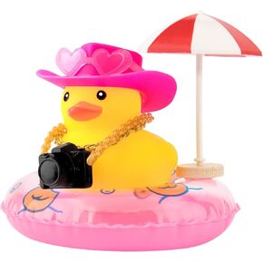 wonuu Rubber Duck Car Ornaments Duck Car Dashboard Decorations for Cute Car Accessories with Cowboy Hat Necklace Sun Umbrella and Camera, White&Pink Hat in Kuwait