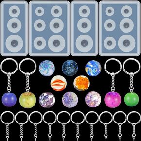 4 Pieces Resin Ball Mold Universe Spheroid Moulds Silicone Ball Mold Ball Sphere Paperweight Epoxy Mold Round Ball Resin Mold with 10 Silver Pendant Key Rings for DIY Resin Crafts, Jewelry Making