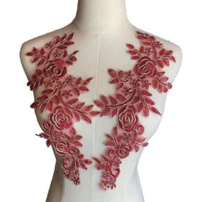 Heyiwell 1 Pair 3D Lace Applique Floral Sew on Embroidery Lace Patches for Wedding Dress Sewing Accessories DIY Lace Decoration 13.75 x 5.7Inch,Red