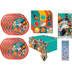 Space Jam Birthday Party Supplies Bundle Pack for 16 includes Dessert Cake Paper Plates, Napkins, Table Cover (Bundle for 16)