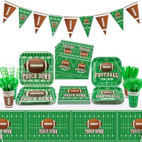 Football Theme Party Supplies - Includes Football Banner, Plates, Napkins, Cup, Tablecloth, Knives, Fork, Spoon and Straws for Boys Sports Theme Birthday Decorations, Serves 20 Guests