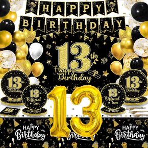 145 Pcs 13th Birthday Party Supplies Set for 24 Guests Official Teenager 13th Party Decorations Kit Plates Backdrop Tablecloth Balloons Banner for Teens Boys Girls 13 Year Old Birthday Party Favor