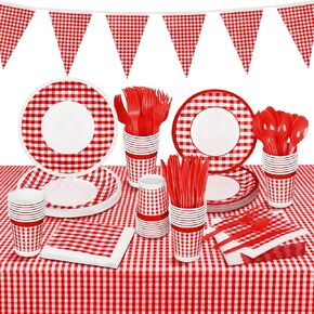 durony 146 Piece Red and White Plaid Gingham Party Supplies Tableware Set Disposable Paper Plates Napkins Cups Cutlery Spoons Tablecloth Banner for Picnic Decorations Birthday Party Family Dinner