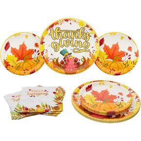 Thanksgiving Party Plates and Napkin (52 pieces for 16 guests) - Thanksgiving Party Supplies, Thanksgiving Party Decorations, Fall Theme Party, Turkey Party Plates and Napkins, Blue Orchards