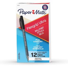 Paper Mate Flexgrip Ultra Stick Fine Point Ballpoint Pens, 12 Black Ink Pens (9680131)
