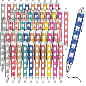 50 Pcs Dental Assistant Gifts Cute Tooth Glitter Pens Motivational Retractable Ballpoint Pen 1.0 mm Black Ink for Office Charity Dental Assistant Favors Items
