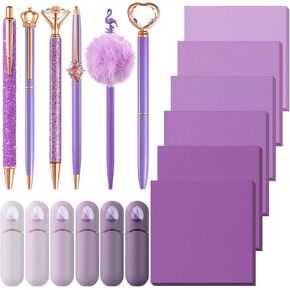 18 Pcs Purple Gifts Set for Women Christmas Cute Desk Accessories 6 Self Sticky Notes 6 Metal Black Ink Ballpoint Pens 6 Correction Tape for Office Supplies School Stationery Holiday Gifts