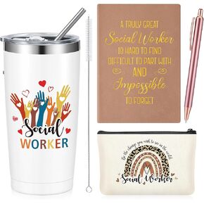4 Pcs Social Worker Gifts for Women Include 20 oz Stainless Steel Tumbler Mug with Straw and Brush A5 Leather Notebook Makeup Bag and Ballpoint Pen School Social Work Gifts for BSW MSW DSW