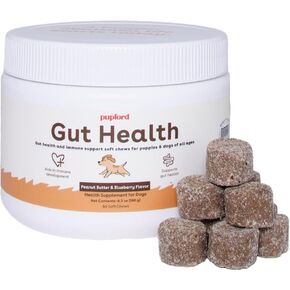 مكمل Pupford Gut Health & Immunity للجراء والكلاب البالغة، مصنوع في الولايات المتحدة الأمريكية، معتمد من قبل الطبيب البيطري، بدون نكهات صناعية، زبدة الفول السوداني والجيلي، الوزن الصافي. 6.3 أوقية (120 جرام)