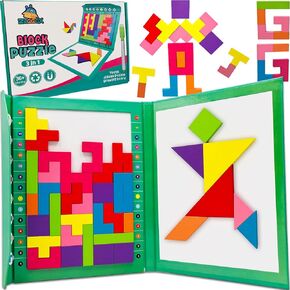 Wooden Blocks Brain Teaser Puzzle Game, Board Games for Kids 8-12, Montessori Toys Puzzles for Kids Ages 8-10, Tangram Jigsaw Intelligence Colorful 3D Russian Blocks Game, Gift for Ages 7+