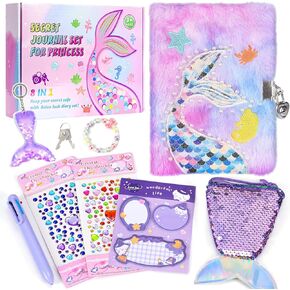 Diary for Girls Age 8-12, Girls Journal with Lock and Key, Kids Journal for Little Girls Birthday Gift, Cute Notebook with Multicolors Pen and Purse, Locking Diary Fuzzy Notebook for Writing (Purple)