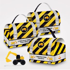 12 Pack Construction Party Treat Boxes Construction Theme Party Favor Treat Box Excavator Candy Goody Treat Boxes with Handle for Birthday Party Decorations Supplies