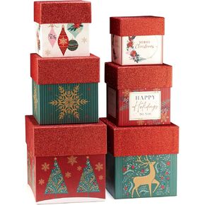 Fifth Ave Kraft Christmas Nesting Boxes, Set of 6 Boxes with Lids, Festive Glitter Design for Holiday Presents, Elegant Storage, Durable and Reusable Gift Packaging (No Mess Glitter)