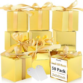 Dyrfolm 50 Pack Small Gift Boxes,2x2x2 inch Favor Boxes,Gold Gift Boxes with Ribbons,Paper Gift Boxes with Lids for Presents,Candy Boxes for Wedding,Party,Christmas,Holidays,Birthdays,Baby Shower
