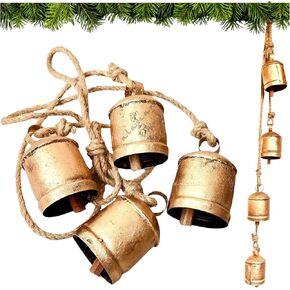 Rustic Decorative Bell 4pc Cluster Set 4inch Shabby Chic Vintage Harmony Bell Brass Coated Country Style Cowbell Jute Rope Wall Hanging Large Cow Bells Lucky Charm Christmas Bell (4pc Cluster 10cm)