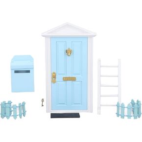 Agatige Mini Wooden Door Set, Tiny Wooden Tooth Fairy Door for 1:12 Dollhouse (Blue)