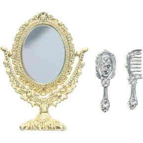 ibasenice Miniature Framed Mirror Dollhouse Mirror and Comb Set 1:12 Scale Golden Miniature Dollhouse Mirror Model Sliver Comb Antique Mirror Doll House Decoration Accessories Photo Props