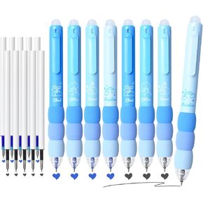 Temiary 18Pcs Aesthetic Retractable Erasable Gel Pens, Make Mistakes Disappear, 8 Pens & 10 Refills, Cartoon Smooth Writing Pen, 0.5 mm Black & Blue Ink Pen, Office School Supplies. (Purple Theme