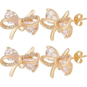 Beebeecraft 1 Box 10Pcs Bowknot Stud Earring Findings 18K Gold Plated Clear Cubic Zirconia Earring Posts with Loop and Butterfly Earring Backs for Jewelry Making
