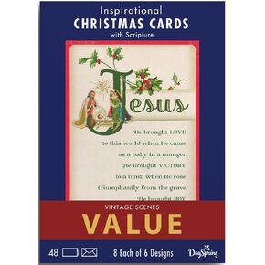 DaySpring - Vintage Christmas Blessings Value Box: Inspirational Christmas Cards with Scripture - 8 Each of 6 Designs - 48 Christmas Boxed Cards and Envelopes