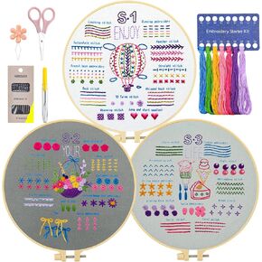 Krijuess 3 Sets Embroidery kit for Beginners Adults, Hand Embroidery Kit to Learn 33 Different Stitches Includes Stamped Patterns, Hoop, Needles and Color Threads, Full Set Accessories