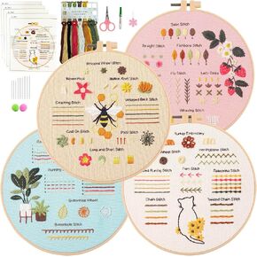 ZVKVJVZ Beginner Embroidery Kit for Adults, 4 Sets of Easy Starter Needlepoint Craft Kits Hand Cross Stitch with Stamped Patterns, Hoops, Scissors & Video Instructions for DIY Lovers