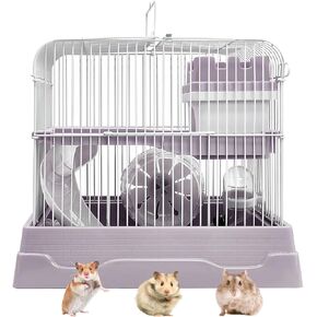 PINVNBY 2-Tier Dwarf Hamster Cage, Travel Portable Mouse Cage Gerbil Cages and Habitats Small Animal Carrier with Castle House Running Exercise Wheels, Water Bottle and Food Dish(Gray)