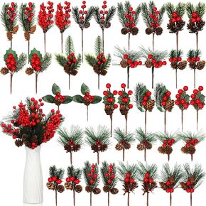 40 Pcs Artificial Christmas Picks Assorted Red Berry Picks Stem Faux Pine Picks and Sprays Christmas Floral Sprigs Fake Holly Stems for Crafts Wreath Garland Ornaments Decorations