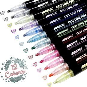 Shimmer Markers Outline Double Line 24 Colors Metallic Shimmer Marker Fine Point Tip Water-based Ink for Adults DIY Crafts Greeting Birthday Cards Making Poster Album Scrapbooking Mugs Wood