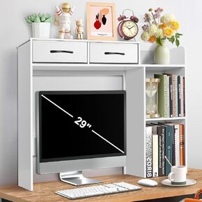 Desk Hutch, Desktop Shelf with 2 Drawers, 37" Desk Organizer Shelf for Max 27" Computer Monitor, Desktop Bookshelf for Home Office Dorm Kitchen