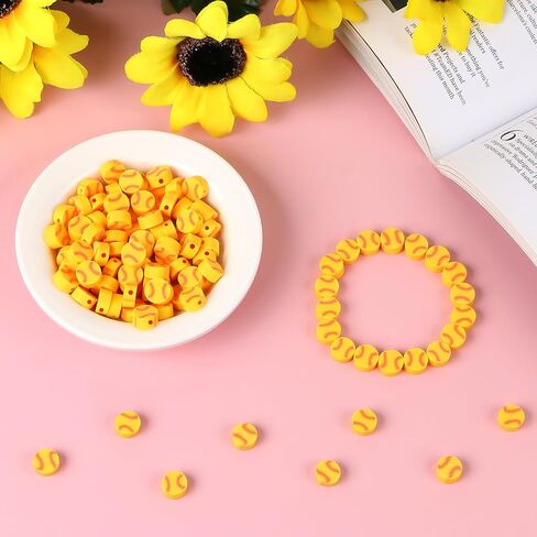 Hartop 100 Pcs Baseball Beads, Flat Round Polymer Clay Spacer Sport Beads with Elastic String DIY Baseball Craft for Jewelry Making Bracelets Necklace (White) in Saudi Arabia