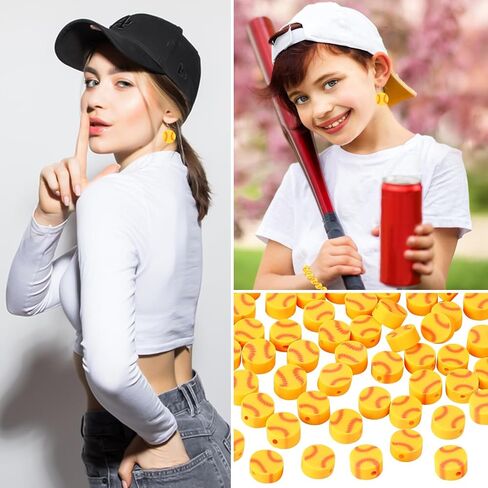 Hartop 100 Pcs Baseball Beads, Flat Round Polymer Clay Spacer Sport Beads with Elastic String DIY Baseball Craft for Jewelry Making Bracelets Necklace (White) in Saudi Arabia