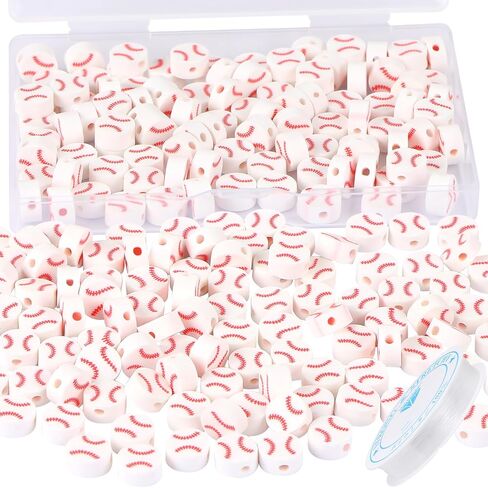 Hartop 100 Pcs Baseball Beads, Flat Round Polymer Clay Spacer Sport Beads with Elastic String DIY Baseball Craft for Jewelry Making Bracelets Necklace (White) in Saudi Arabia