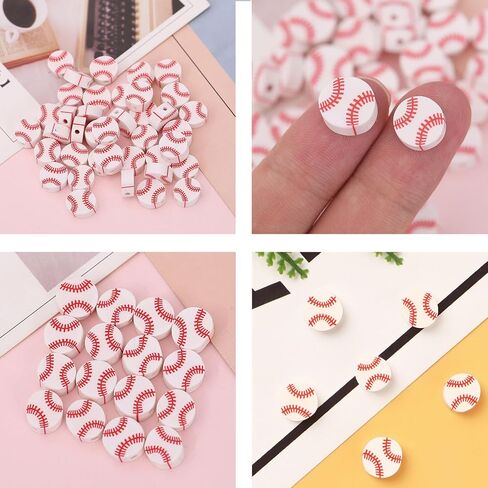 Hartop 100 Pcs Baseball Beads, Flat Round Polymer Clay Spacer Sport Beads with Elastic String DIY Baseball Craft for Jewelry Making Bracelets Necklace (White) in Saudi Arabia