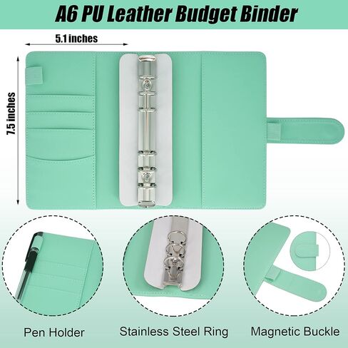 A6 PU Leather Budget Binder Cover with 12PCS Expense Budget Sheet, 10PCS Binder Pockets, 2PCS Card Bag and 30PCS Colorful Self-Adhesive Labels for Cash Stuffing and Budget Planner (Green) in Saudi Arabia