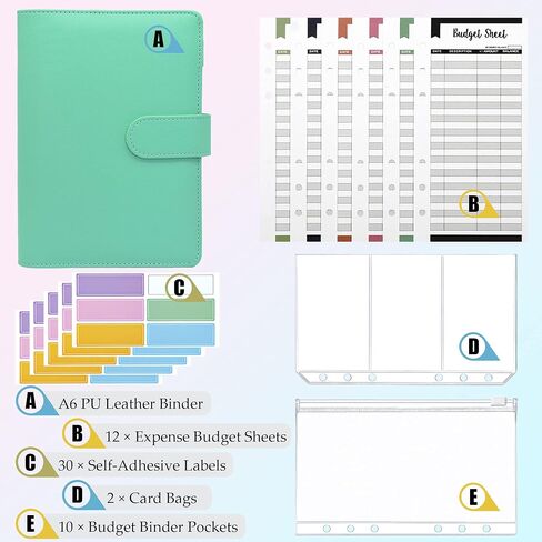 A6 PU Leather Budget Binder Cover with 12PCS Expense Budget Sheet, 10PCS Binder Pockets, 2PCS Card Bag and 30PCS Colorful Self-Adhesive Labels for Cash Stuffing and Budget Planner (Green) in Saudi Arabia