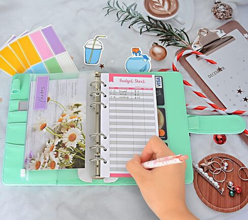 A6 PU Leather Budget Binder Cover with 12PCS Expense Budget Sheet, 10PCS Binder Pockets, 2PCS Card Bag and 30PCS Colorful Self-Adhesive Labels for Cash Stuffing and Budget Planner (Green) in Saudi Arabia